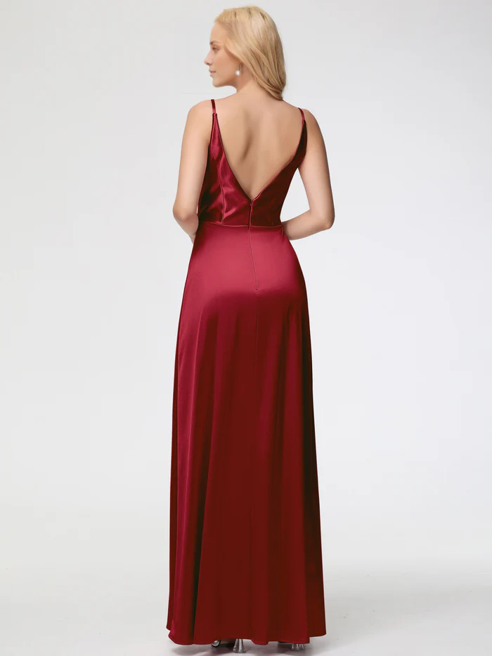 slim shoulder strap A-line V-neck pleated satin Prom dress
