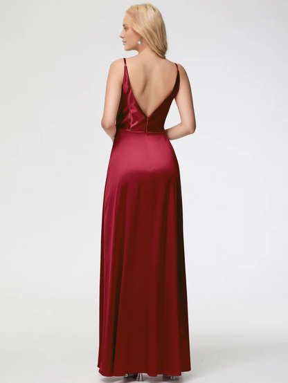 slim shoulder strap A-line V-neck pleated satin Prom dress