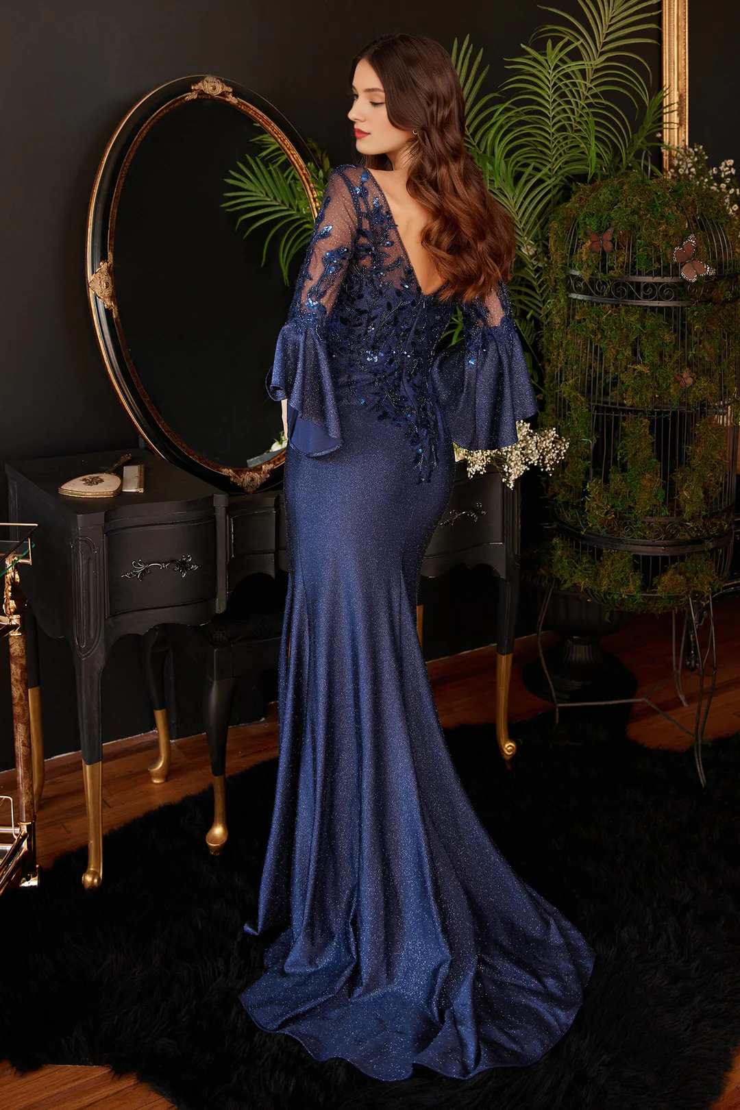 Floral decal long flared sleeve satin sparkling dress