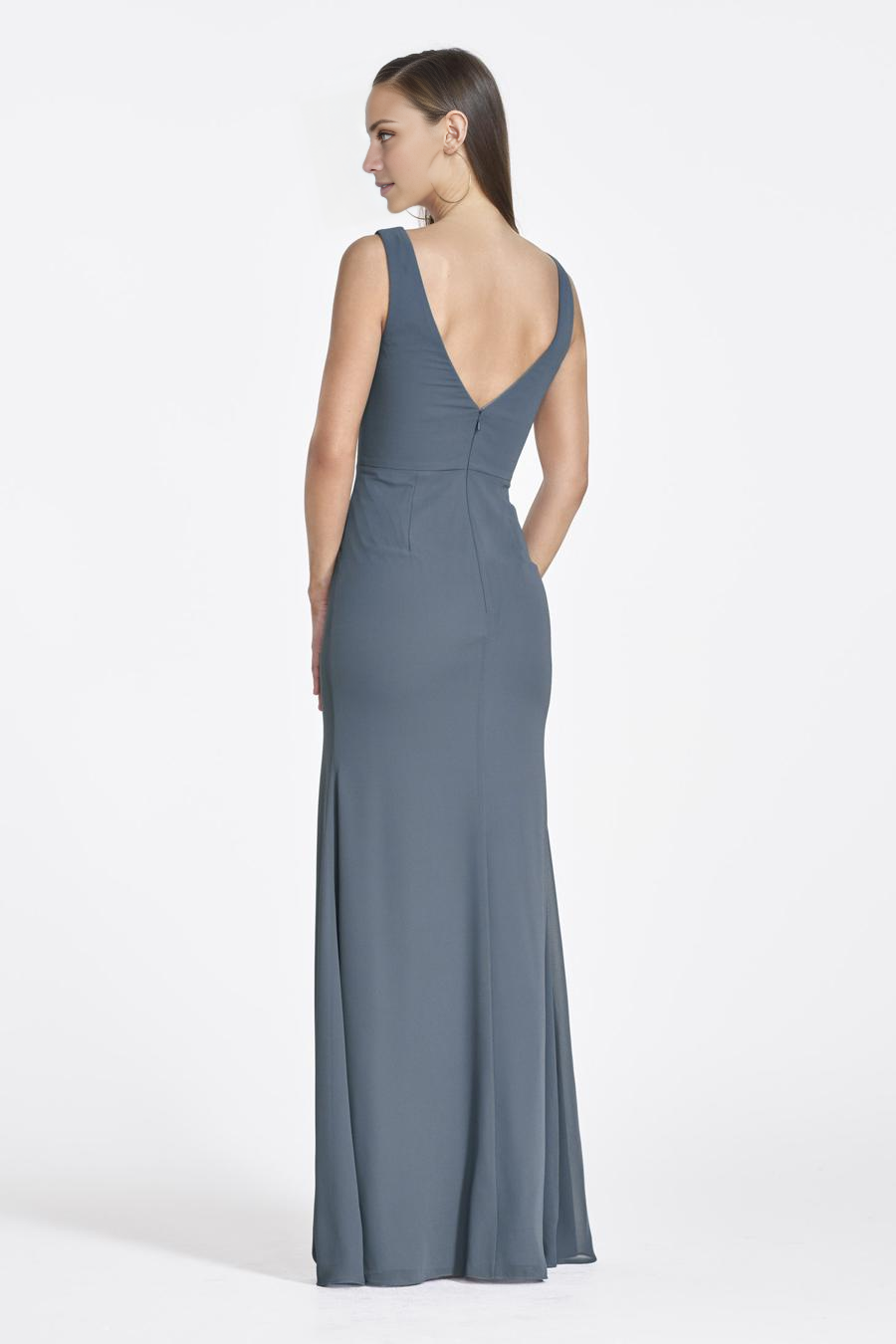 boat neck sleeveless backless minimalist and floor length evening dress