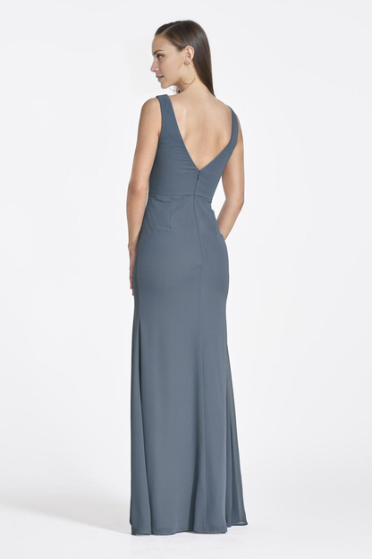 boat neck sleeveless backless minimalist and floor length evening dress
