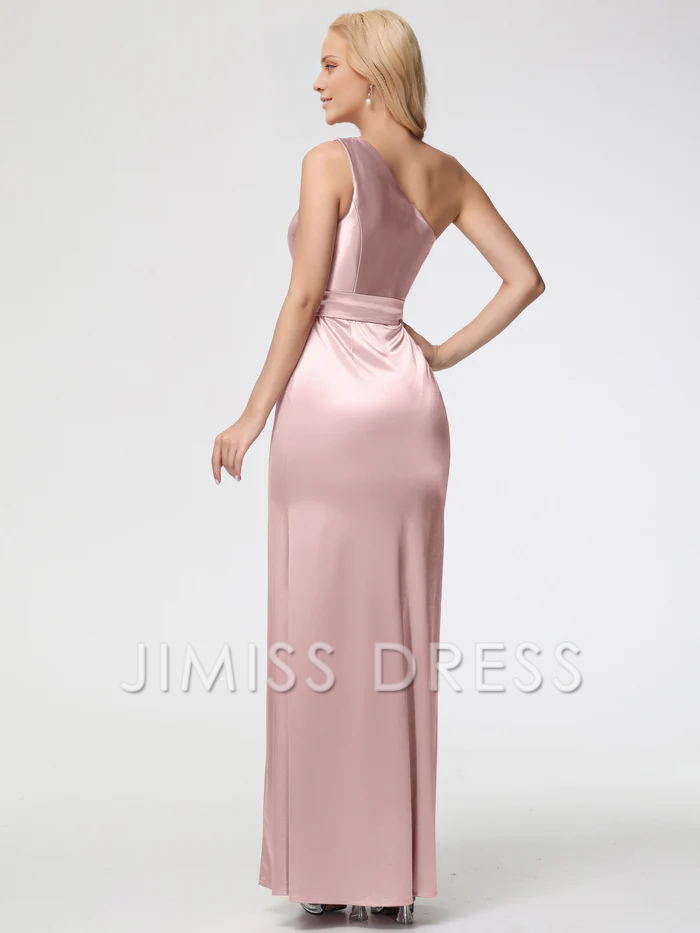 single shoulder trumpet/mermaid sleeveless pleated satin Prom dress