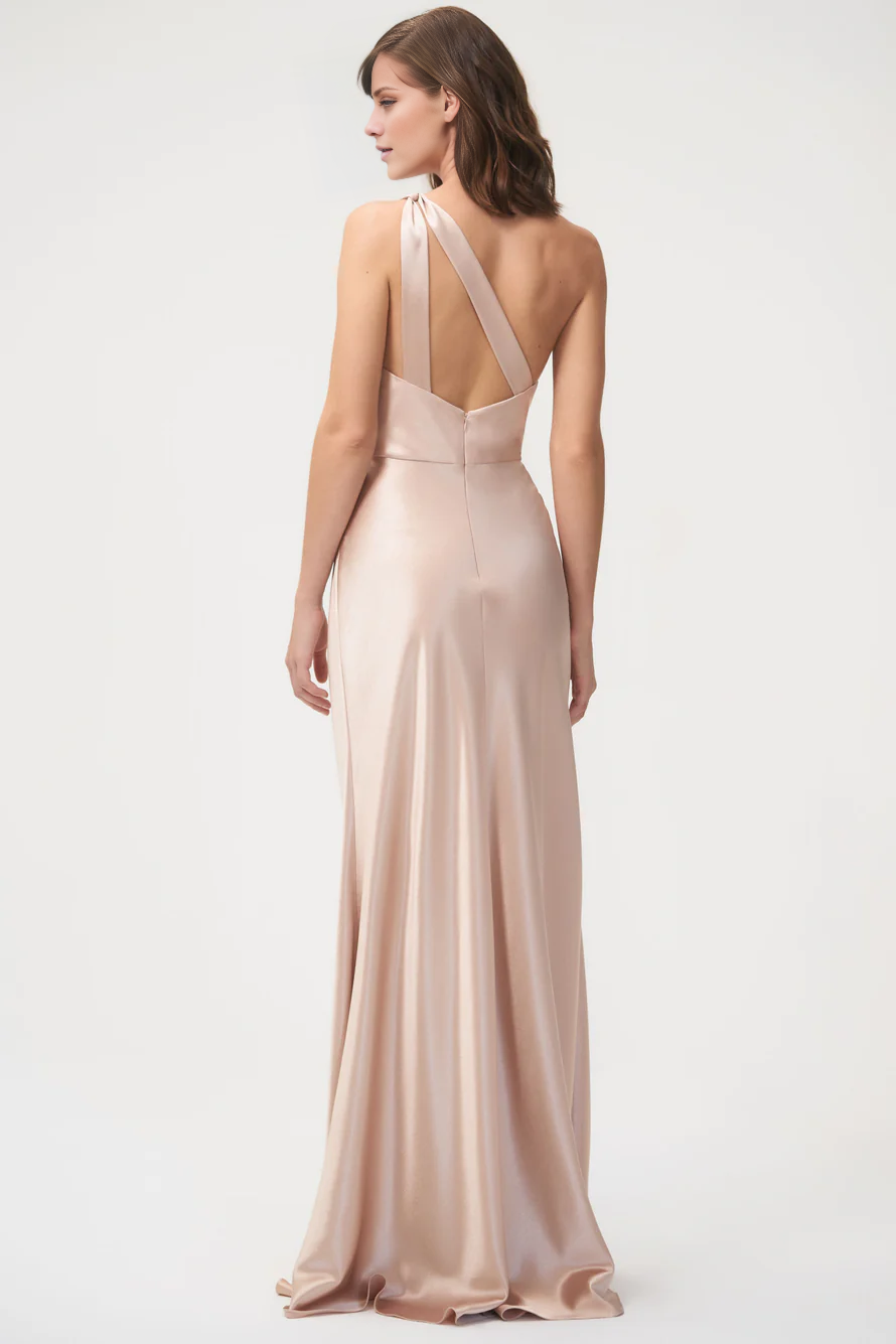 asymmetrical neckline off shoulder sleeveless backless and floor length evening dress