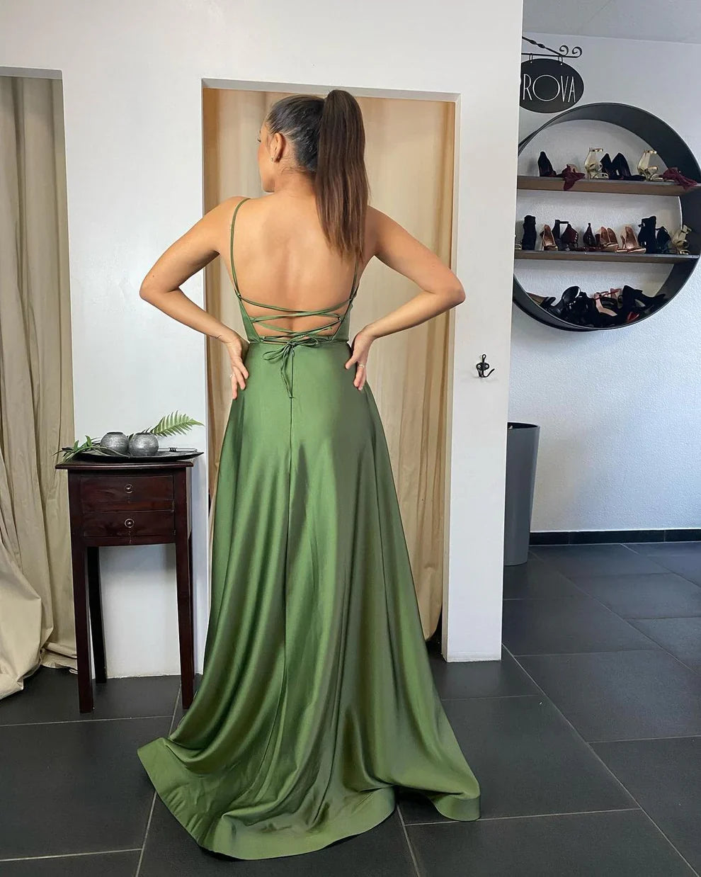 sexy long A-line thin shoulder strap satin front slit backless Prom dress