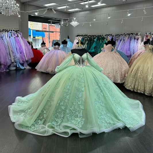 Green Off The Shoulder Ball Gown Quinceanera Dress Tull Princess Vestidos De 15 Anos Birthday Party Sweet 16 Dress