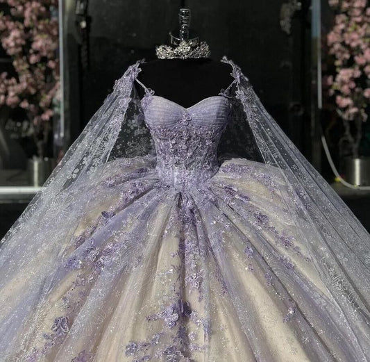 Light Purple Quinceanera Dressess with Cape Luxury Butterfly Applique Sweet 16 Ball Gown