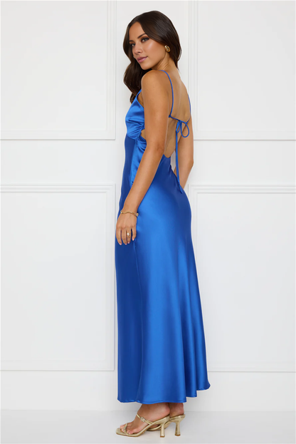V collar satin exposed back strap long Prom dress