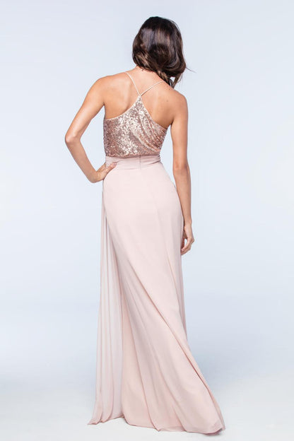 off shoulder collar sleeveless sequin thin shoulder strap with side slit and floor length evening dress