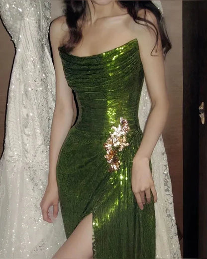 Vintage Dark Green Sheath Sequin Evening Gown Strapless Slit Party Dress Floor Length Formal Dress TP4909