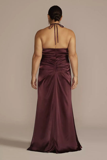 halter neckline sleeveless thin shoulder straps with side slits and floor length Prom dress