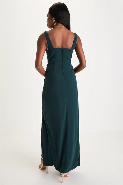 square neckline off shoulder sleeveless backless side slit and floor length evening dress