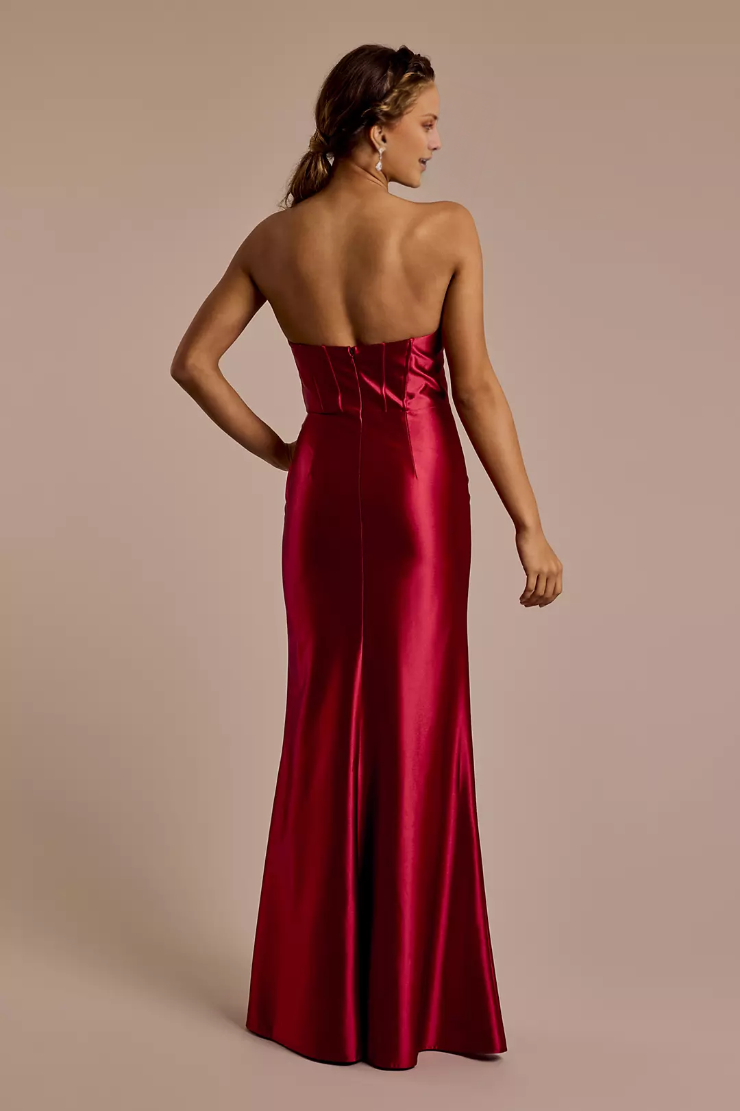 Strapless Plunge Sculpting Satin Sheath Dress