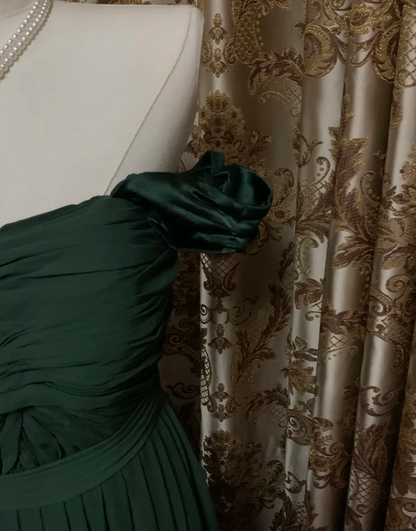 Vintage Green Off The Shoulder Satin Pleated Long Wedding Guest Dress Party Dress Prom Gown