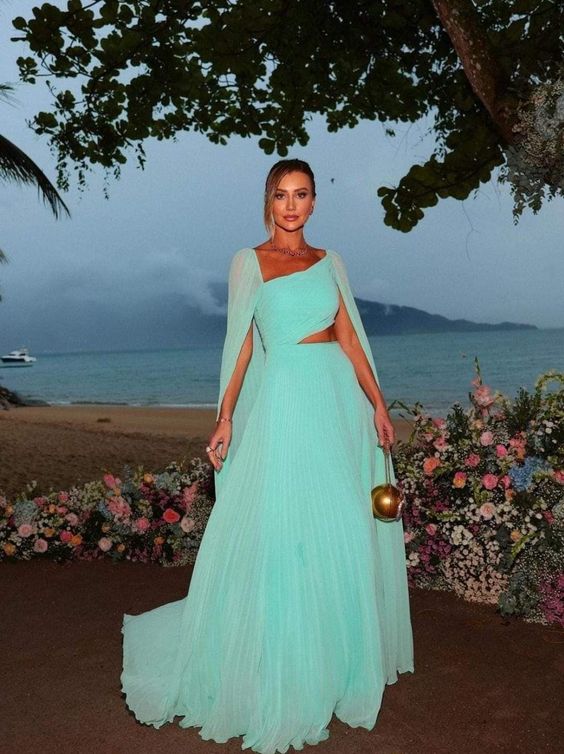 Party Dresses Elegant Mint Green Chiffon Prom Dress A Line Long Cape Sleeves Floor Length Formal Evening Gowns