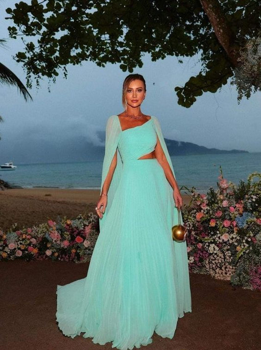 Party Dresses Elegant Mint Green Chiffon Prom Dress A Line Long Cape Sleeves Floor Length Formal Evening Gowns