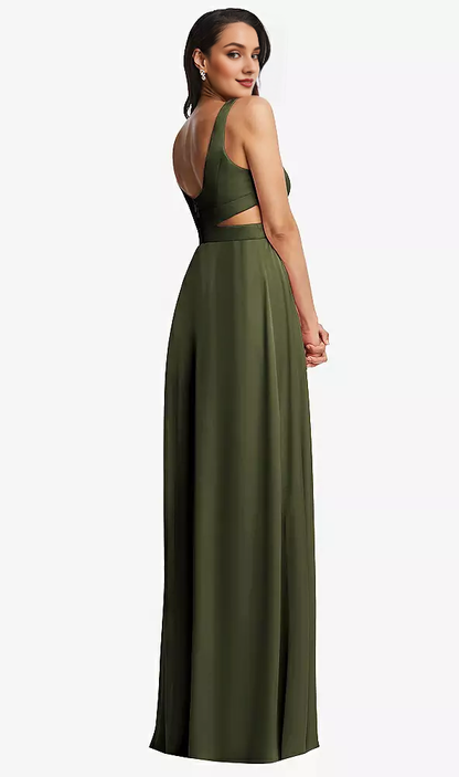 Front slit open collar cross cut hollowed out body extra long Prom dress