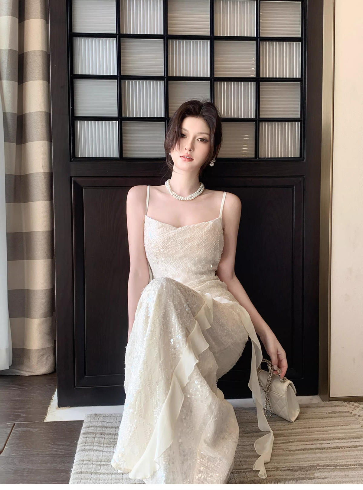 Shiny Spaghetti Straps Light Apricot Sequin Ruffles Mermaid Long Wedding Guest Dress Formal Birthday Prom Dress Party Gown SP1496
