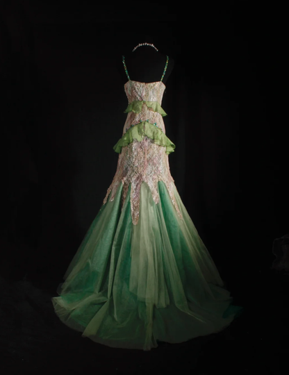 Gorgeous Spaghetti Straps Green Tulle Lace Beaded Mermaid Long Evening Dress Birthday Party Gown