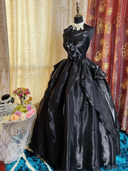 Fashion Strapless Black Satin Tulle Beaded Long Birthday Prom Dress Evening Gown SP1619