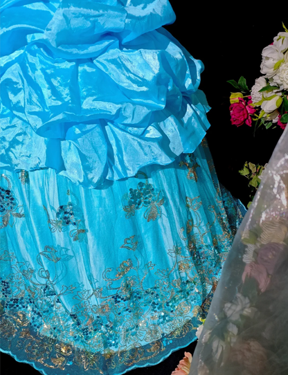Gorgeous Strapless Quinceanera Dress Blue Satin Tulle Sequin Floral Ball Gown Sweet 16 Dress