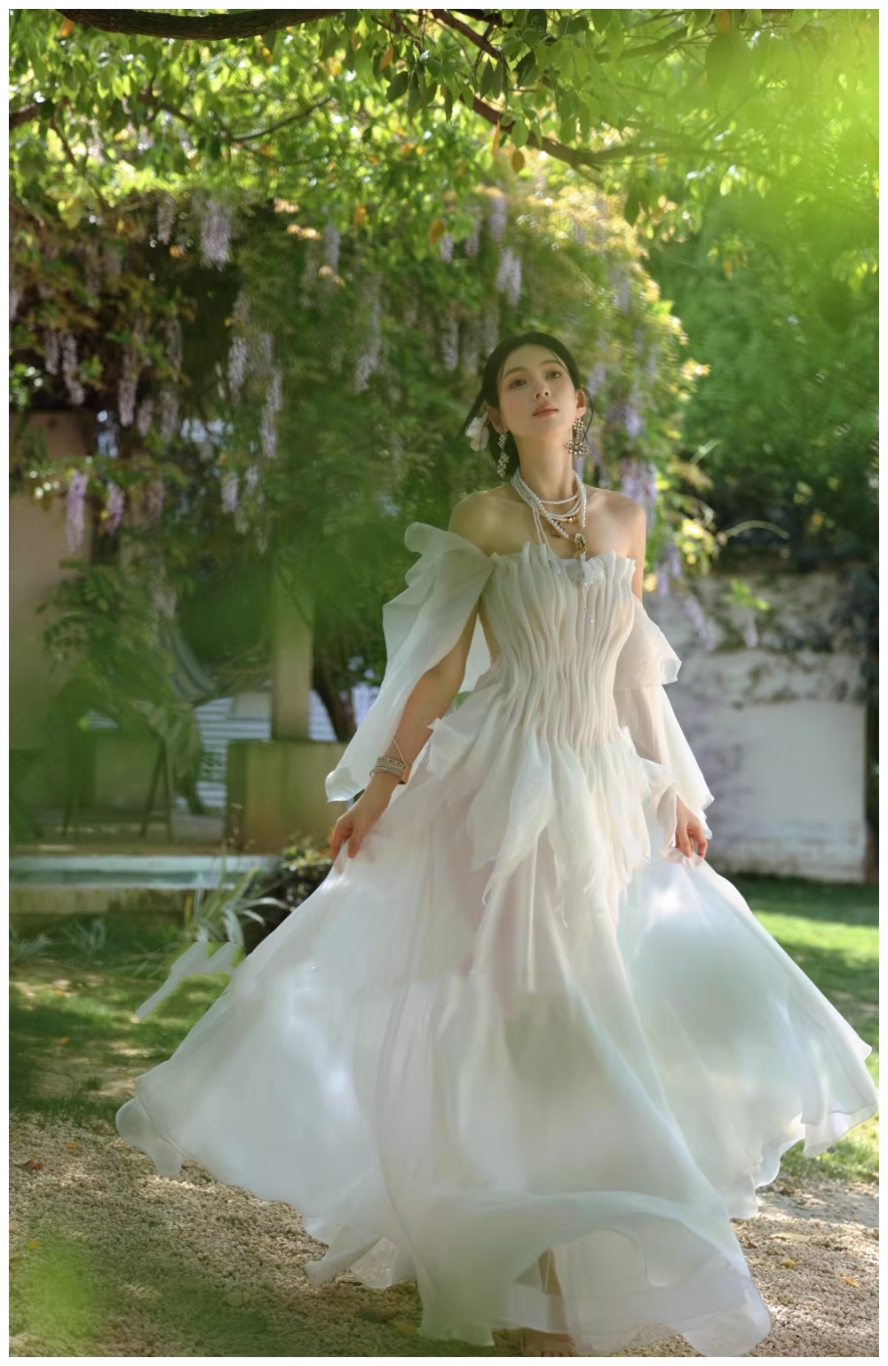 Fairy Off The Shoulder White Chiffon Pleated Pearls Long Party Dress Birthday Evening Gown