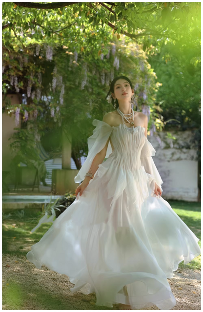 Fairy Off The Shoulder White Chiffon Pleated Pearls Long Party Dress Birthday Evening Gown