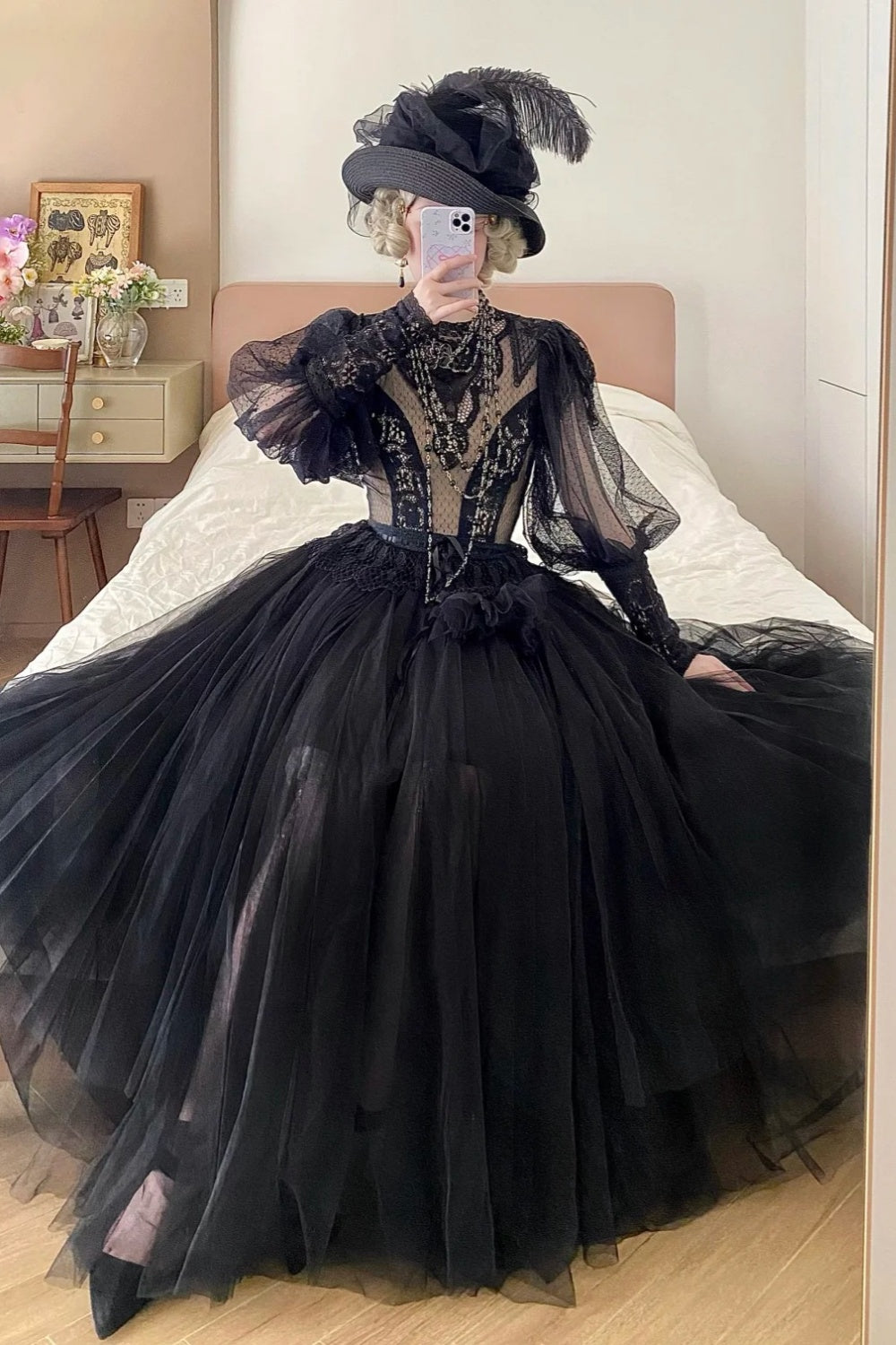 Dark Gothic Lace Tulle High Neck Long Sleeve Floor-length Ballgown Victorian Gothic Evening·Theme Party Dress gh6741