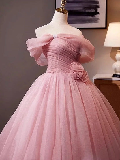 Pink Rose - Off-the-Shoulder 3D Floral Ball Gown, Tulle Train Princess Dress gh7071