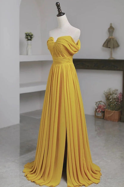 Off-the-Shoulder Ruched Chiffon Gown, Slit Flowy Elegant Dress gh7073