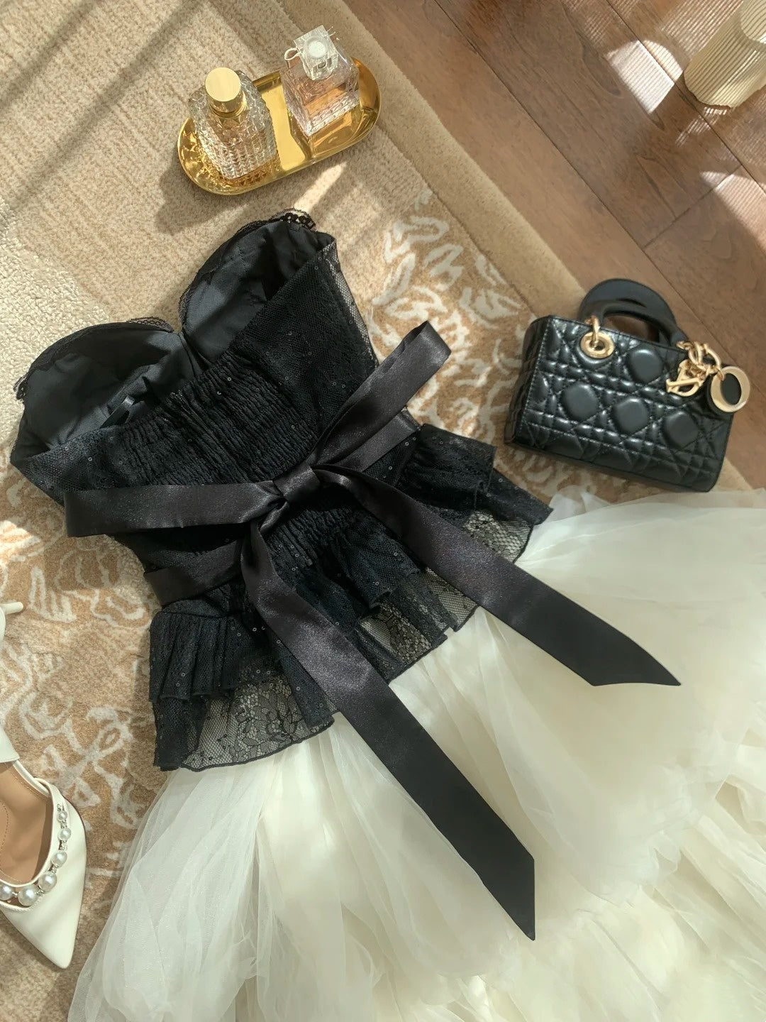 Niche Luxury Black & White Gown Strapless Lace Tulle Atmosphere Dress gh7003