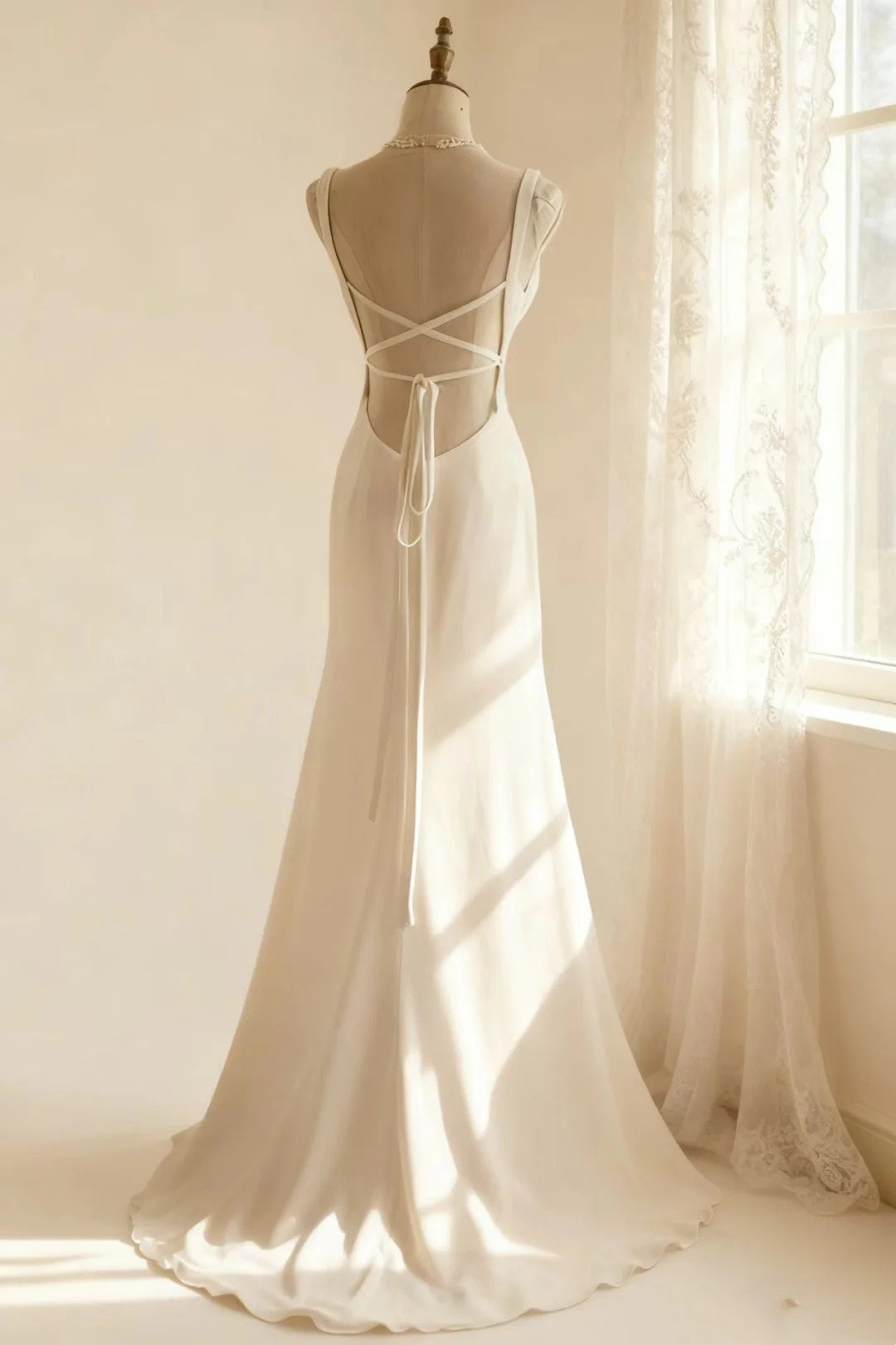 girlhomeshops-Sleeveless White Chiffon Mermaid Wedding Dress, Minimalist Elegant Slim - fitting Floor - length Wedding Gown gh5831