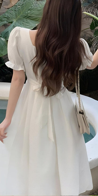 A Line White Short Sleeves Evening Gowns Party Prom Dress
