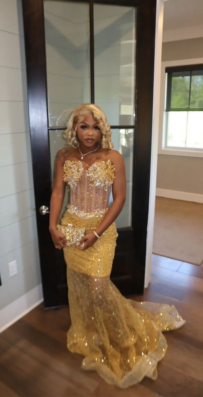 Gold Mermaid Prom Dress Evening Formal Party Birthday Engagement Gowns