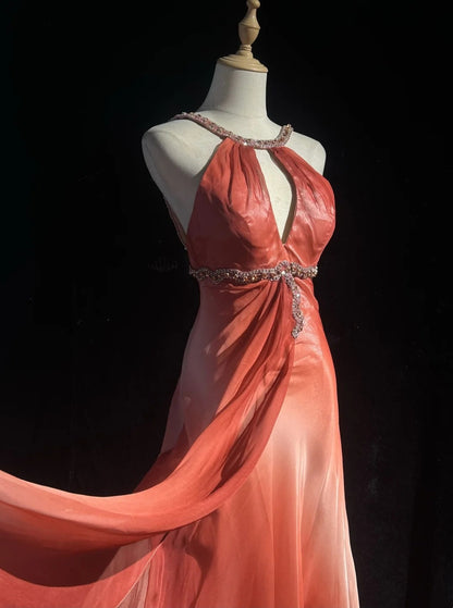 girlhomeshops-Orange Elegant Gradient Beaded Long Chiffon Prom Dress gh6246