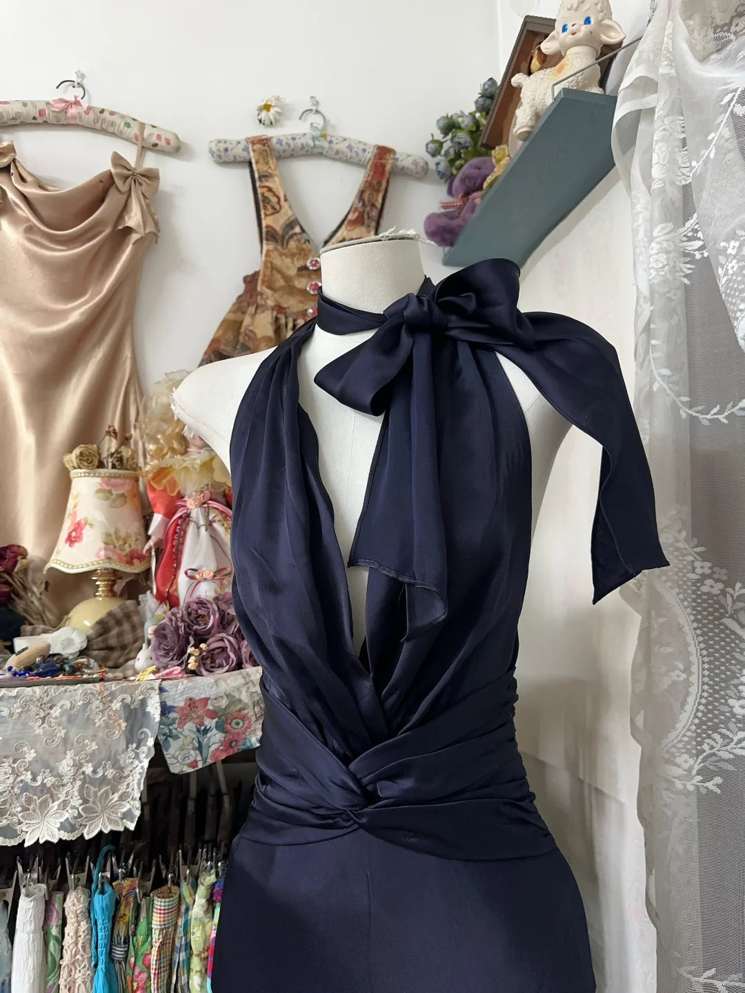 Girlhomeshops-New A-line dark blue simple fashion elegant long satin Prom dress evening dress party dress gh5191