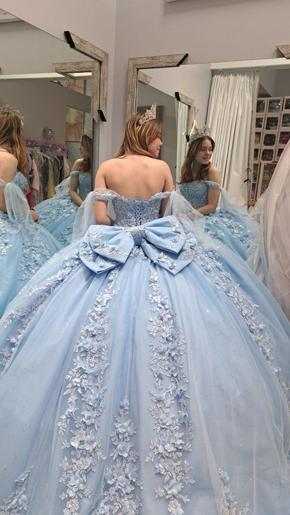 Light blue quinceanera dress ball gown 3D flower lace birthday party gown
