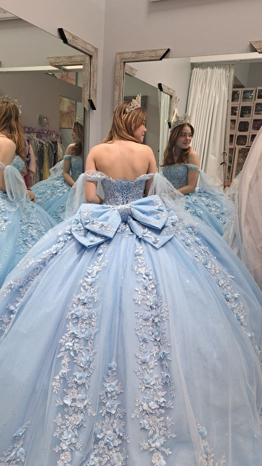 Light blue quinceanera dress ball gown 3D flower lace birthday party gown