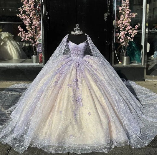 Light Purple Quinceanera Dressess with Cape Luxury Butterfly Applique Sweet 16 Ball Gown