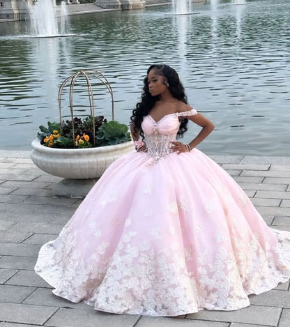 A Line Pink Off The Shoulder Quinceanera Dress Ball Gown
