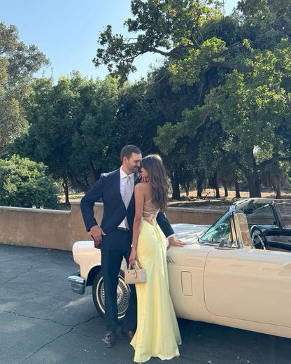 Yellow Straps Prom Dresses Evening Dress Floor Length Party Gowns