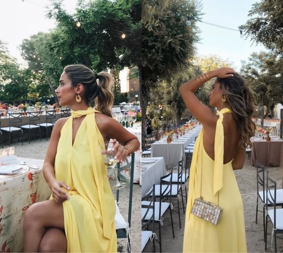 Backless Chiffon Yellow Long Prom Dresses Evening Gowns