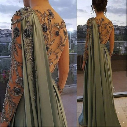 Evening Dresses One Shoulder Full Length Satin A Line Long Sleeves Formal Party Dress Prom Gown