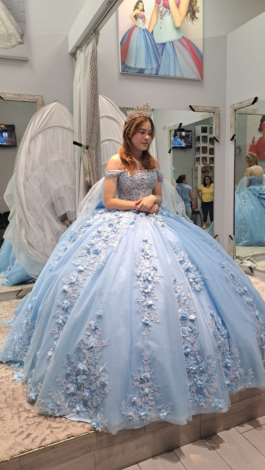 Light blue quinceanera dress ball gown 3D flower lace birthday party gown