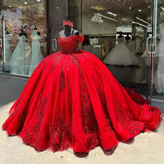 Luxury Red Quinceanera Dresses 2025 Ball Gown Beads Glitter Sequins Appliques Sweet 16 Dresses Birthday Party Gown Custom