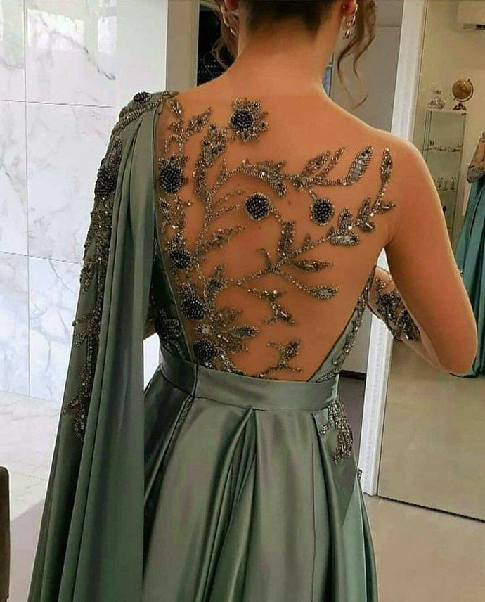 Evening Dresses One Shoulder Full Length Satin A Line Long Sleeves Formal Party Dress Prom Gown