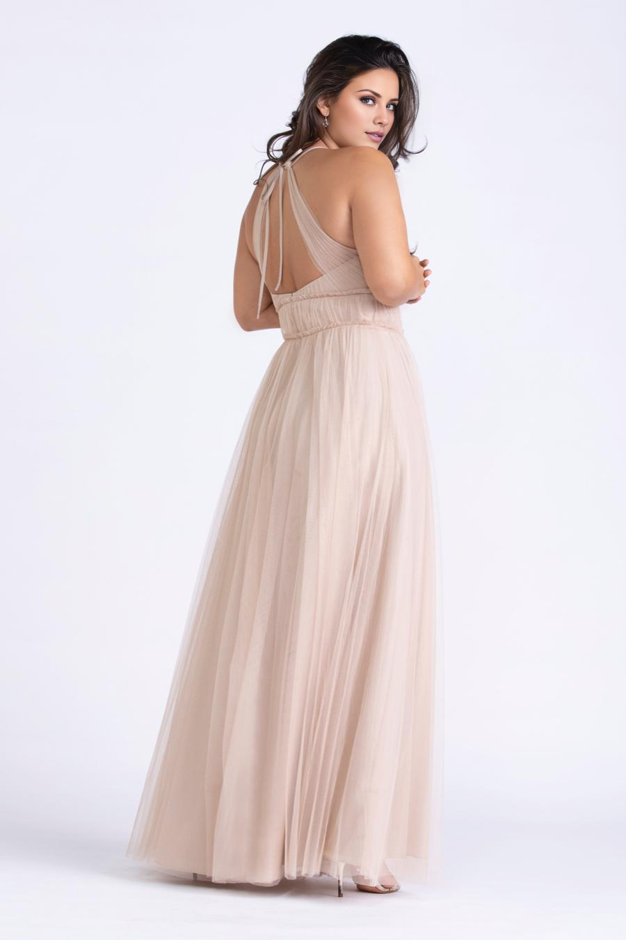 round neck sleeveless backless sheer pleated details and floor length evening dress