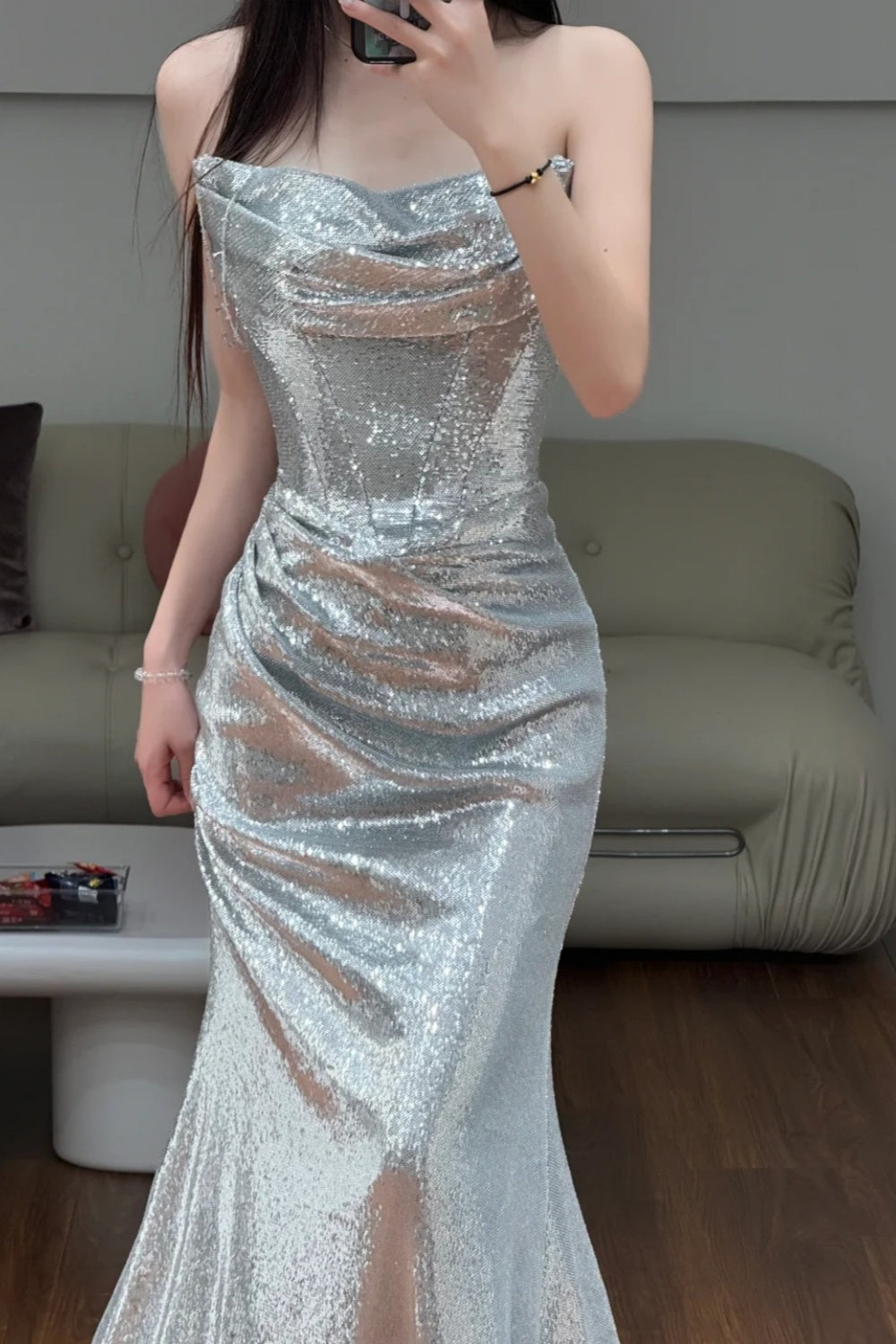 Luxury Shimmer Style Silver Sequin Strapless Mermaid Gown - Dinner & Red Carpet Gorgeous Dress gh6566