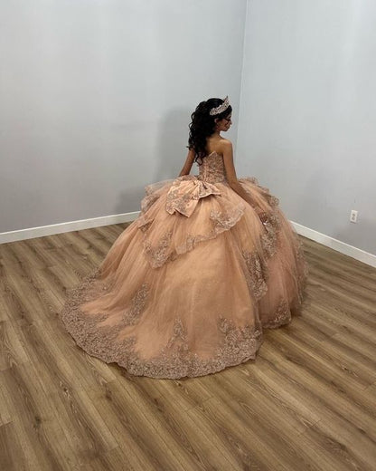 Champagne Shiny Off The Shoulder Ball Gown Quinceanera Dress Appliques Lace Beaded Birthday Party Gowns Sweet 16 vestidos