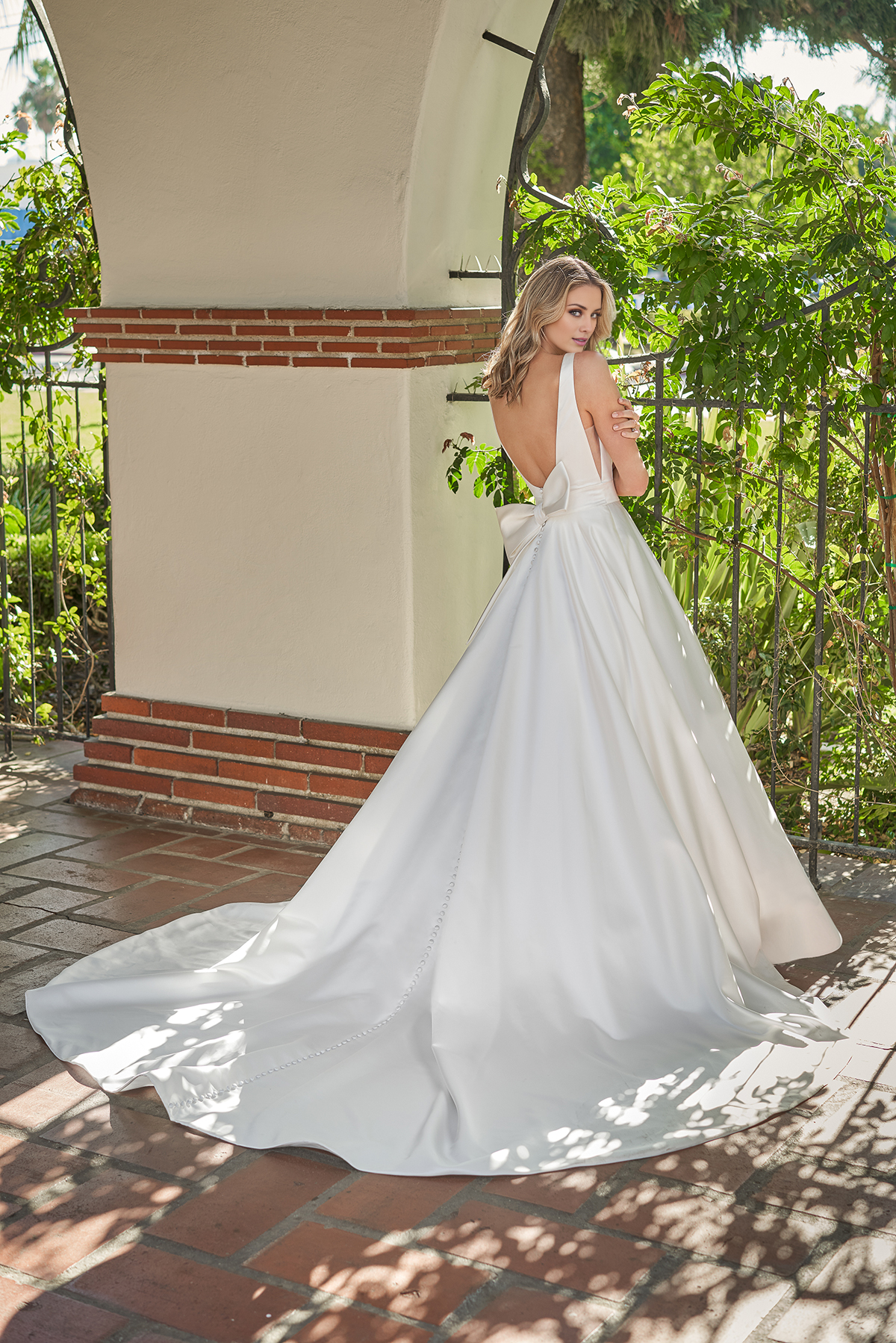 A-line satin square neck bow and floor length wedding dress