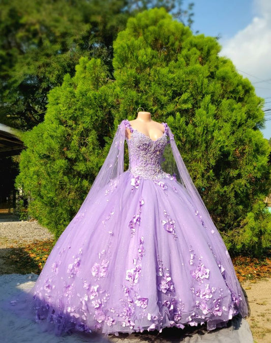 Puffy Ball Gown Quinceanera Dresses Purple with Butterflies Lace Tulle for Girls Sweet 15 16 Birthday Dress